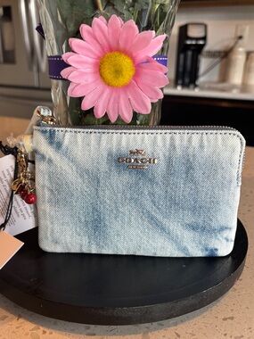 Coach Loved Denim Indigo Blue Wristlet Bag with Cherry 🍒 & Gold C Charms! NEW